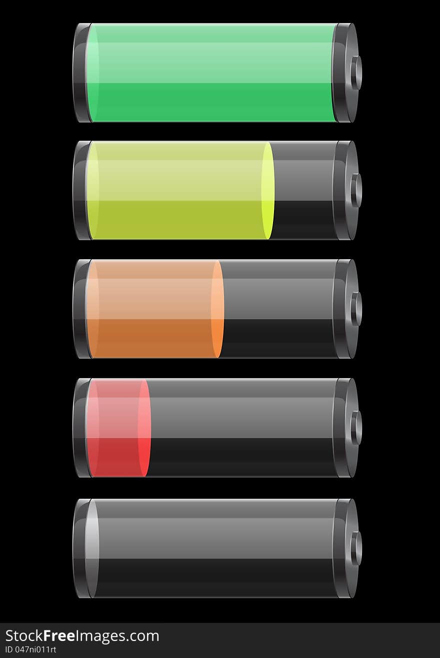 Set of glossy glass batteries isolated on black background. Set of glossy glass batteries isolated on black background