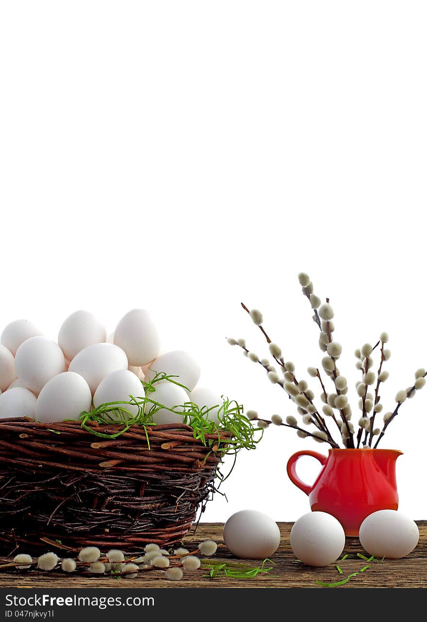 Easter eggs and  natural wooden country table, background and texture