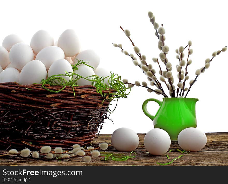 Easter eggs and  natural wooden country table, background and texture