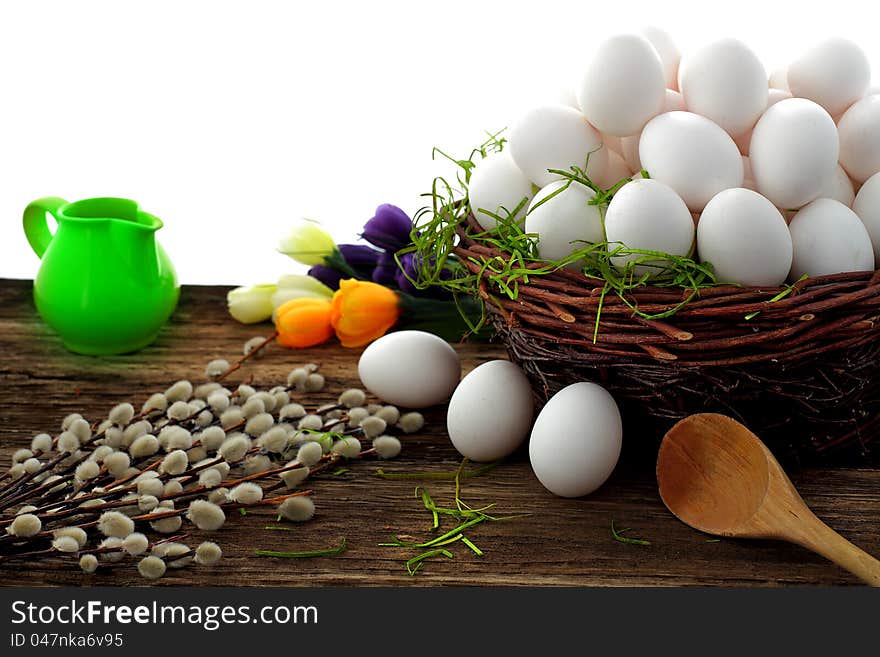 Easter eggs and  natural wooden country table, background and texture