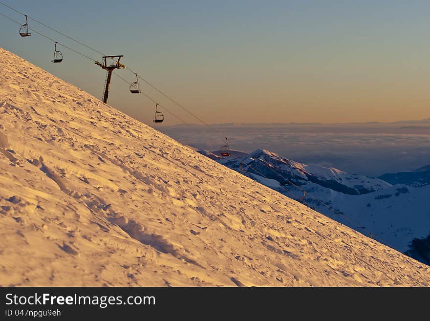 Funicular in the mountains in the evening