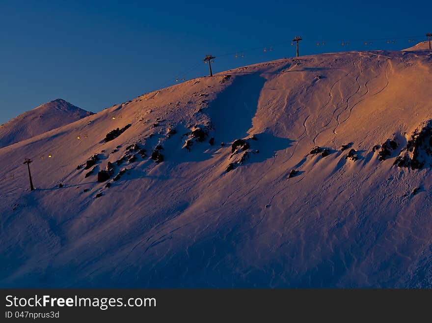 Funicular in the mountains in the evening