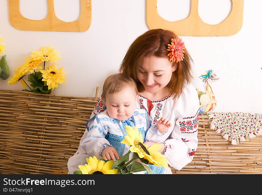 Mother and child in Ukrainian costumes