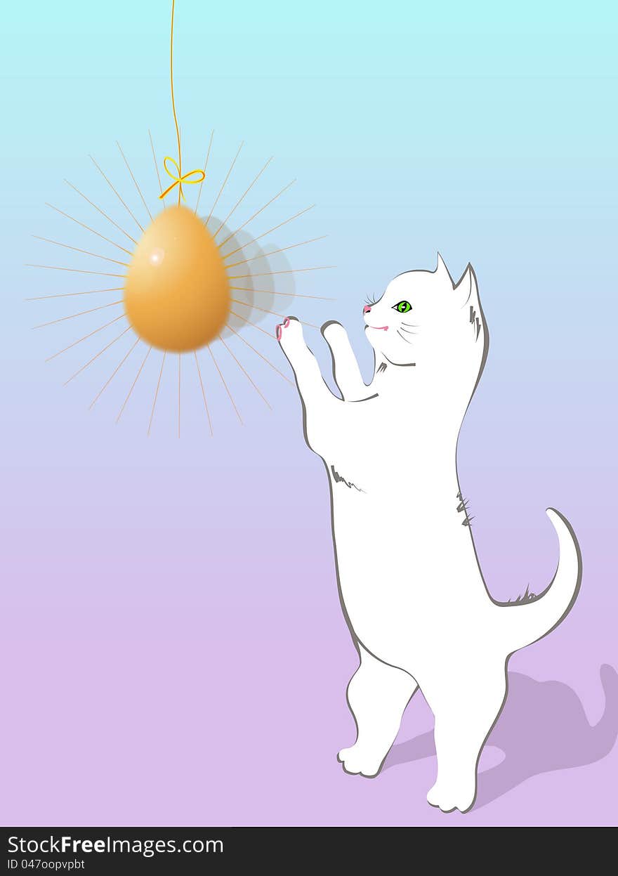 White cat and yellow egg on an easter card