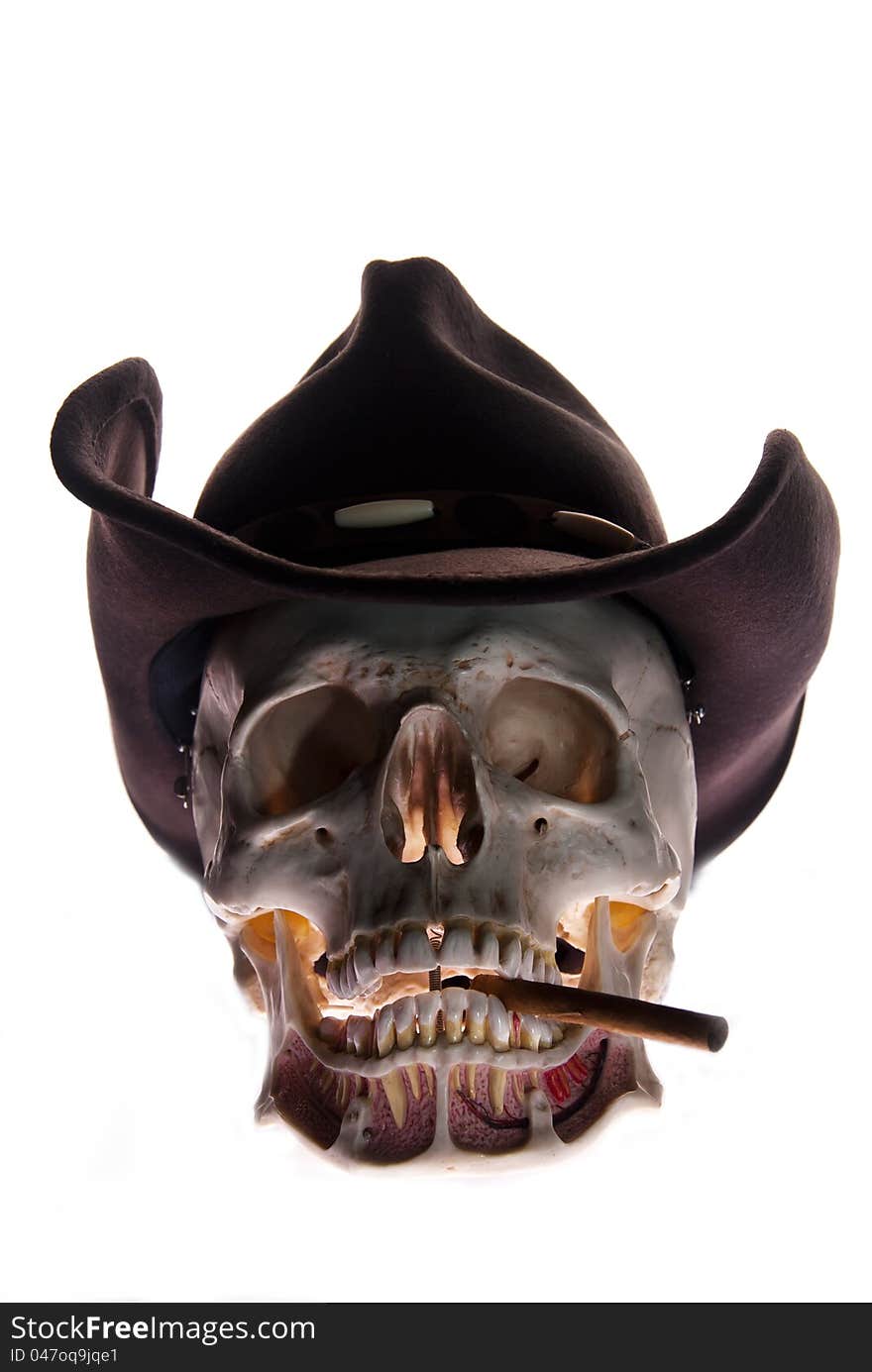 Skull with hat and cigarett, non smoking concept. Skull with hat and cigarett, non smoking concept