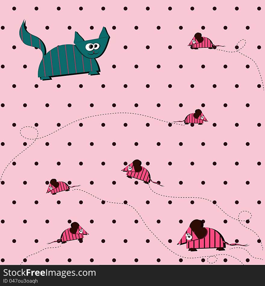 Seamless Polka dot background with cat and mouse. vector eps8