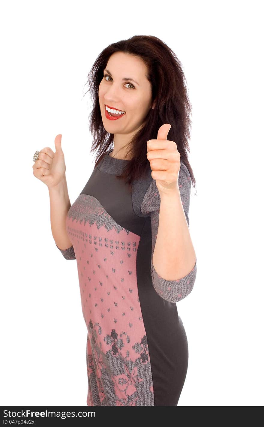 Happy smiling business woman with thumbs up gesture, isolated on white background