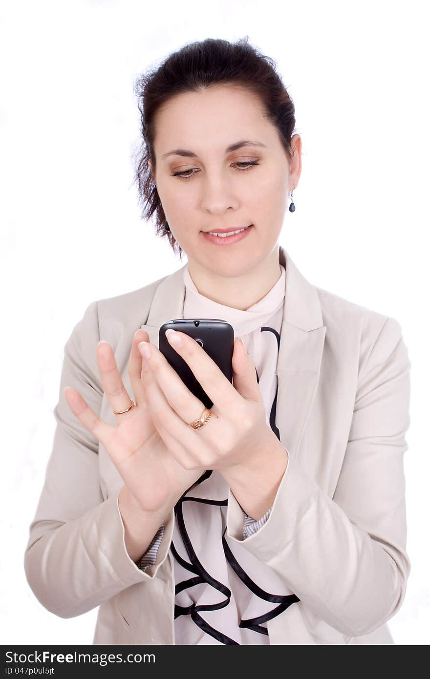 Woman dials a number on your mobile phone