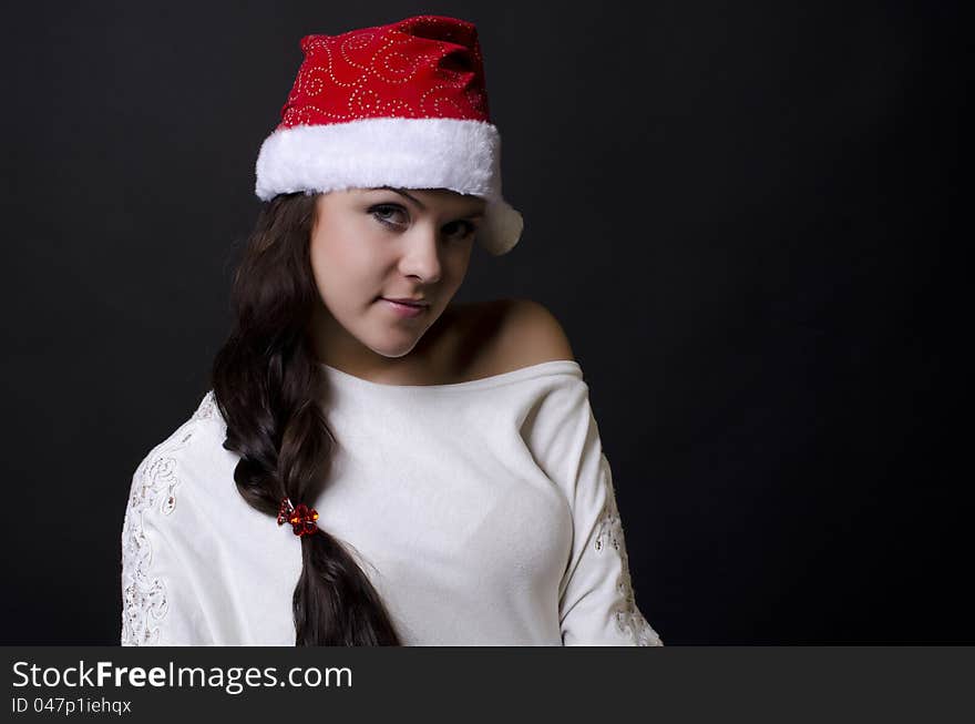 New year girl in red white on black