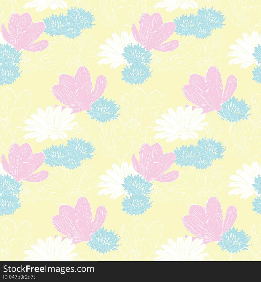 Floral seamless background with a light field with spring flowers