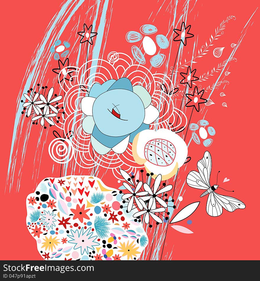 Bright white and blue flowers on a red background. Bright white and blue flowers on a red background