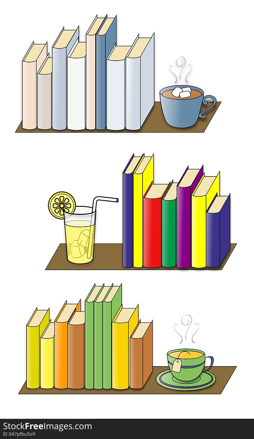 An illustration of three bookshelves, winter books with a cup of hot chocolate, summer books with a glass of lemonade, and fall books with a cup of tea. An illustration of three bookshelves, winter books with a cup of hot chocolate, summer books with a glass of lemonade, and fall books with a cup of tea