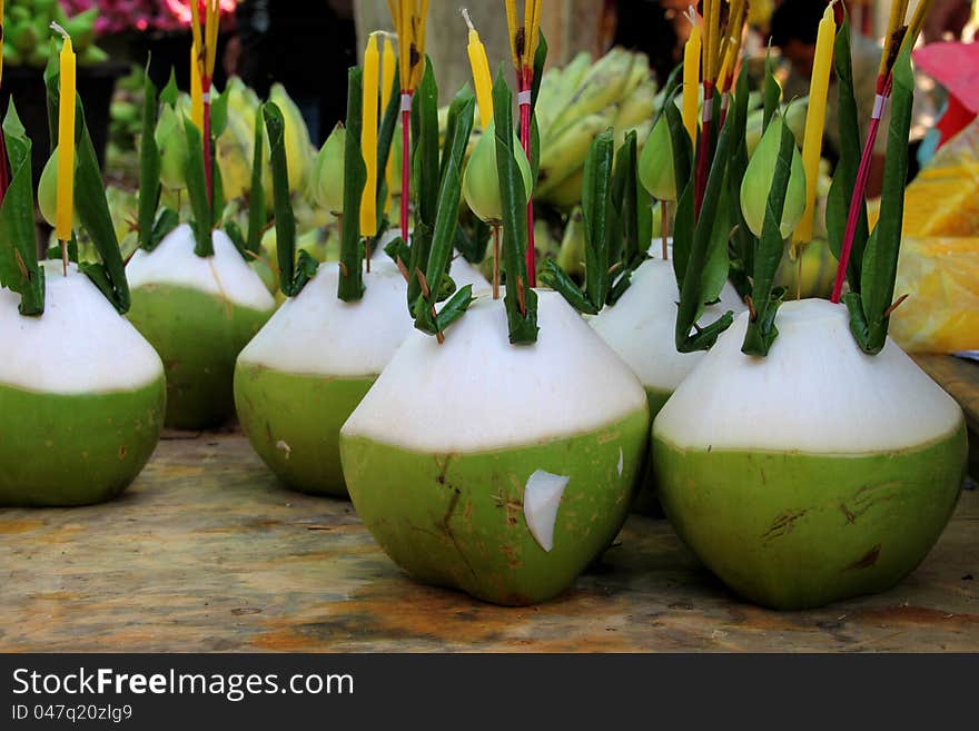 Young coconut, candle and joss stick for Buddha offering