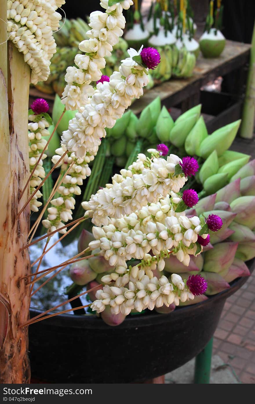 Lotus, jasmine flowers and garland for Buddha and religious offering. Lotus, jasmine flowers and garland for Buddha and religious offering