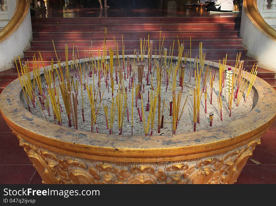 Joss sticks in pot for Buddha and religious offering. Joss sticks in pot for Buddha and religious offering