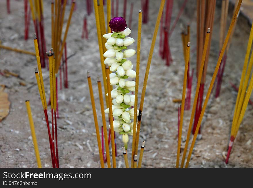 Joss sticks and jasmine flower in pot