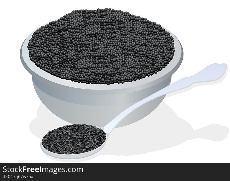 A cup and a spoon with sturgeon caviar. The illustration on a white background. A cup and a spoon with sturgeon caviar. The illustration on a white background.