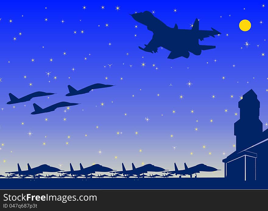 Night Landscape. Military aircraft on the airfield. Night Landscape. Military aircraft on the airfield