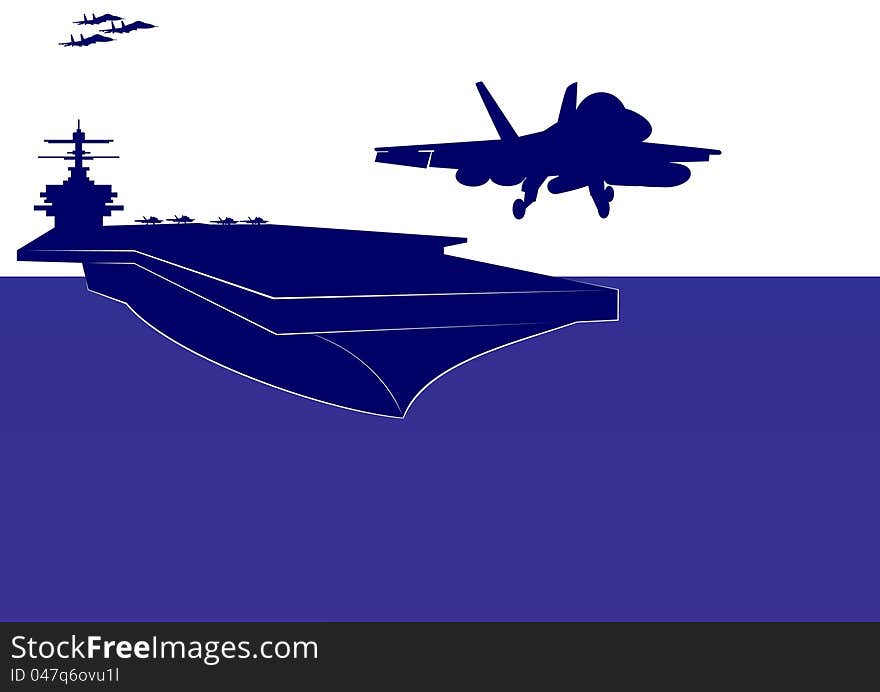 The plane takes off from the deck of an aircraft carrier. The illustration on the military theme. The plane takes off from the deck of an aircraft carrier. The illustration on the military theme.