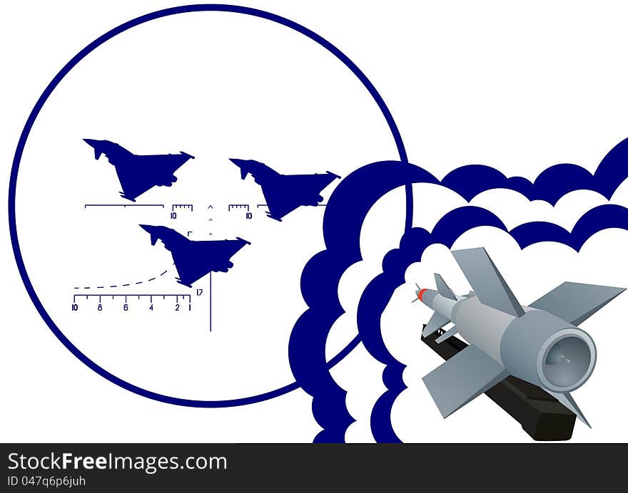 The flight of military aircraft at gunpoint missiles. The illustration on a white background. The flight of military aircraft at gunpoint missiles. The illustration on a white background.