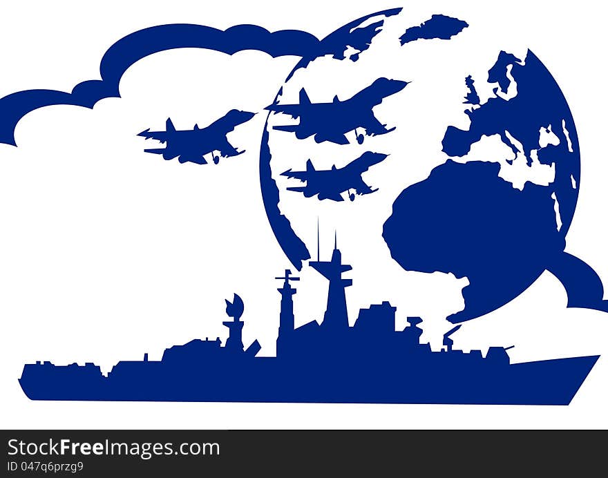 Warship and military aircraft to link the background of the Earth. The illustration on a white background. Warship and military aircraft to link the background of the Earth. The illustration on a white background.