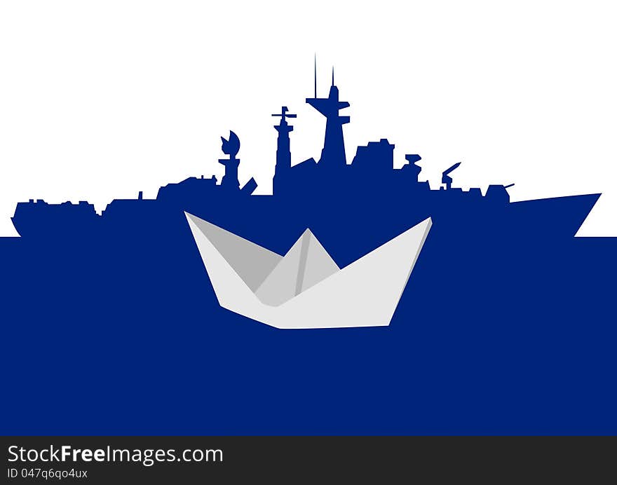 Warship and a paper boat. The illustration on a white background. Warship and a paper boat. The illustration on a white background.