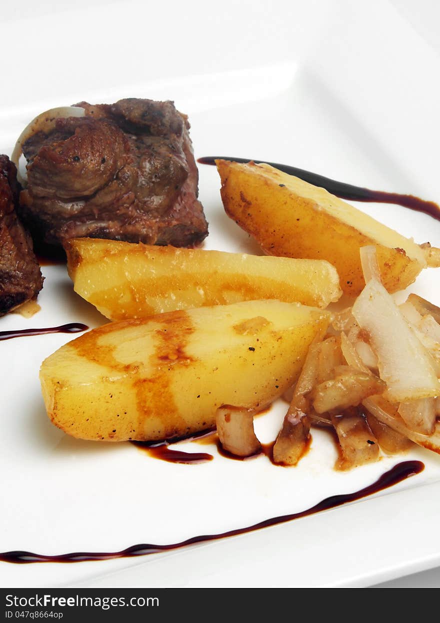 Bone steak meat with potato. Bone steak meat with potato