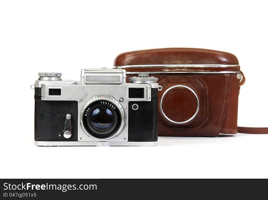 Old camera and case. On white background.