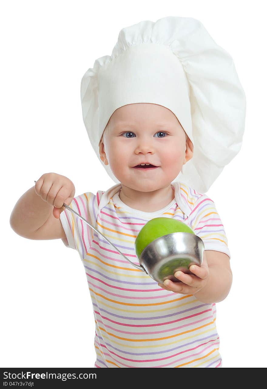 Funny child with green apples healthy food