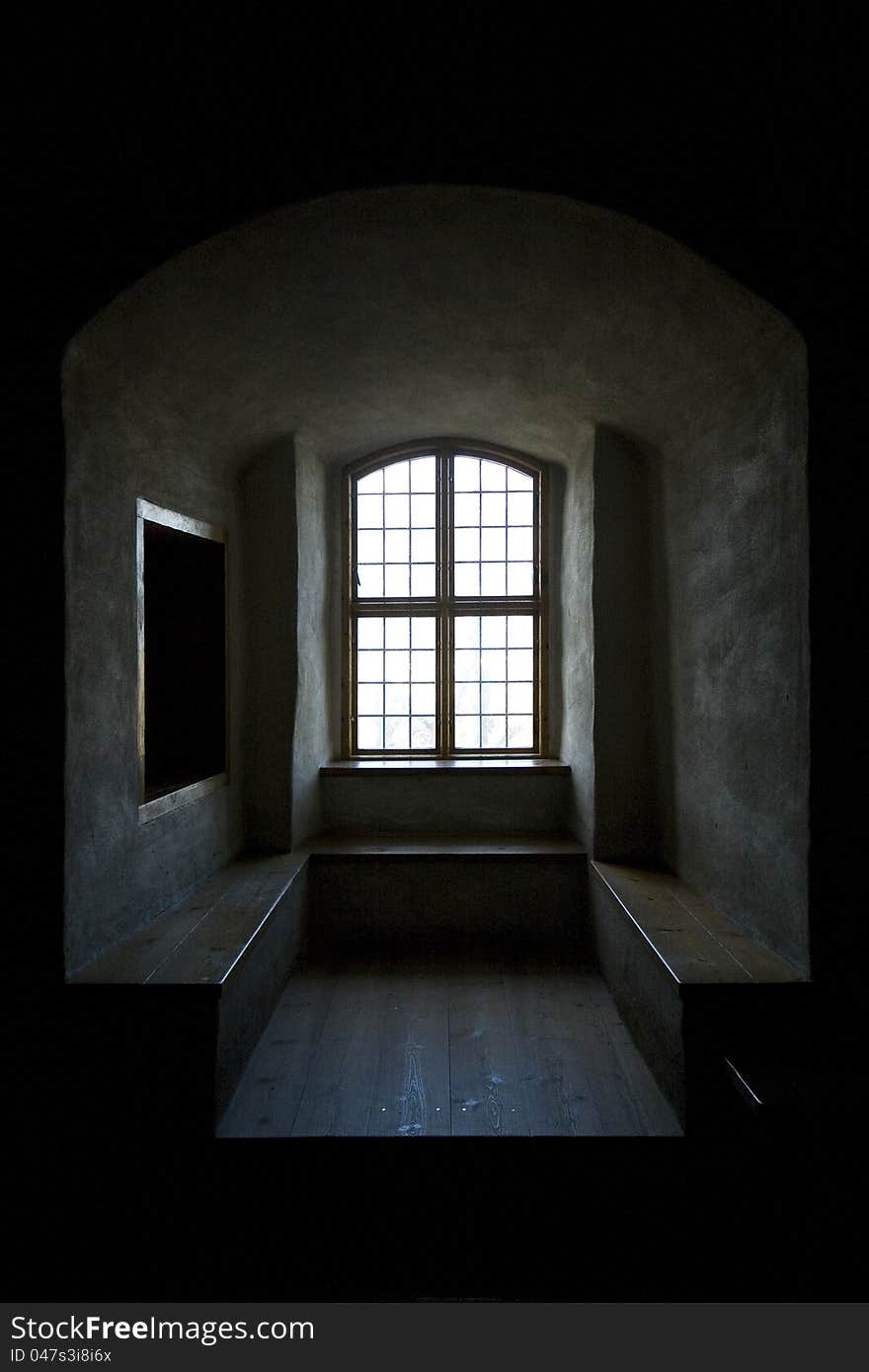 Window and benches at Turku Castle in Turku, Finland.