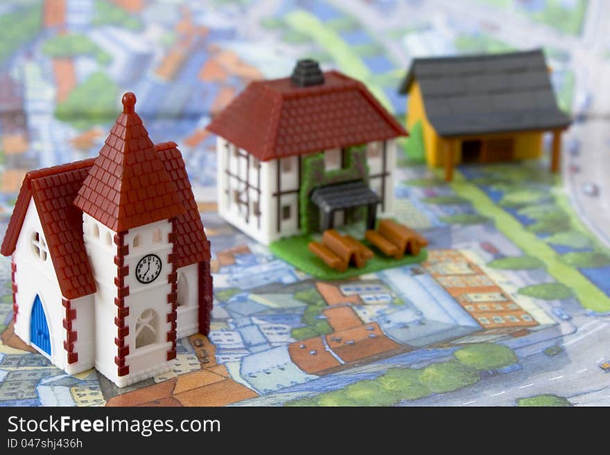 Village miniature with church and houses. Village miniature with church and houses