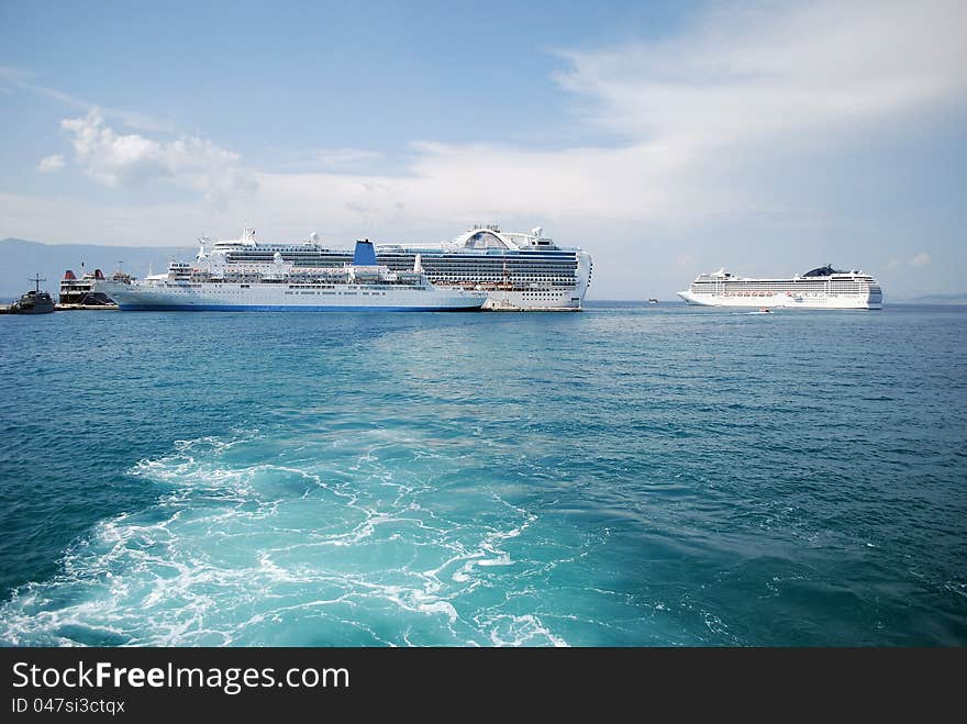 Passenger Cruisers in a port in Greece, Kerkyra. Passenger Cruisers in a port in Greece, Kerkyra