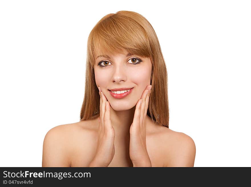 The portrait of the yoing girl on the white background. The portrait of the yoing girl on the white background