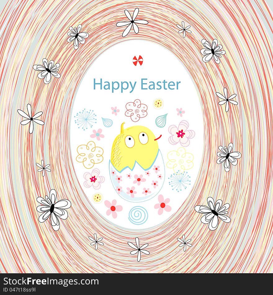 Bright cheerful Easter card greeting with chicken and flowers. Bright cheerful Easter card greeting with chicken and flowers