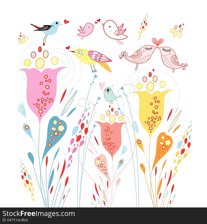 Floral Background With Birds