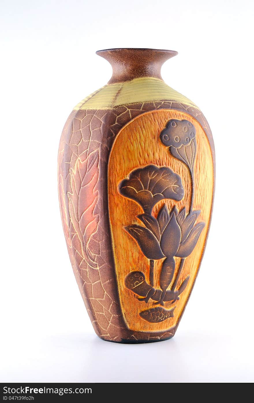 Highly decorative ceramic flower vase decorated with a beautiful, against a white background