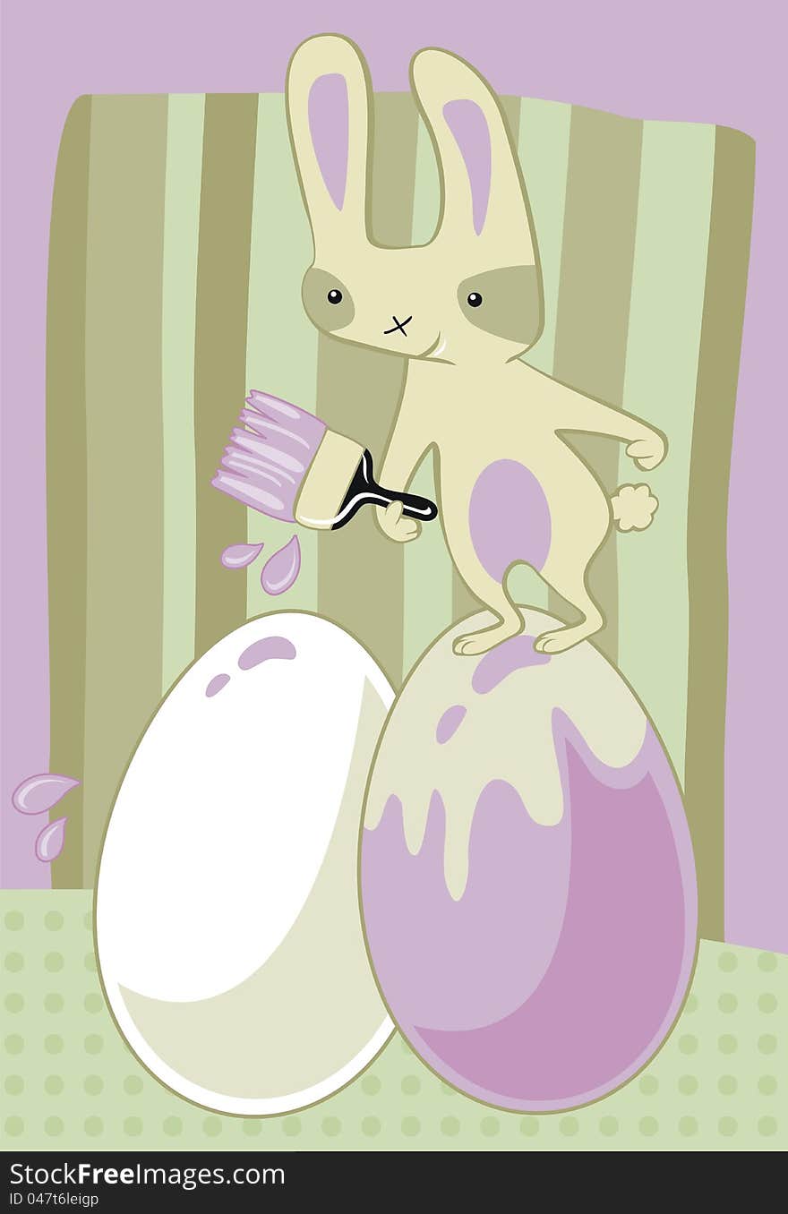 Funny cartoon with Easter bunny painting eggs. Funny cartoon with Easter bunny painting eggs