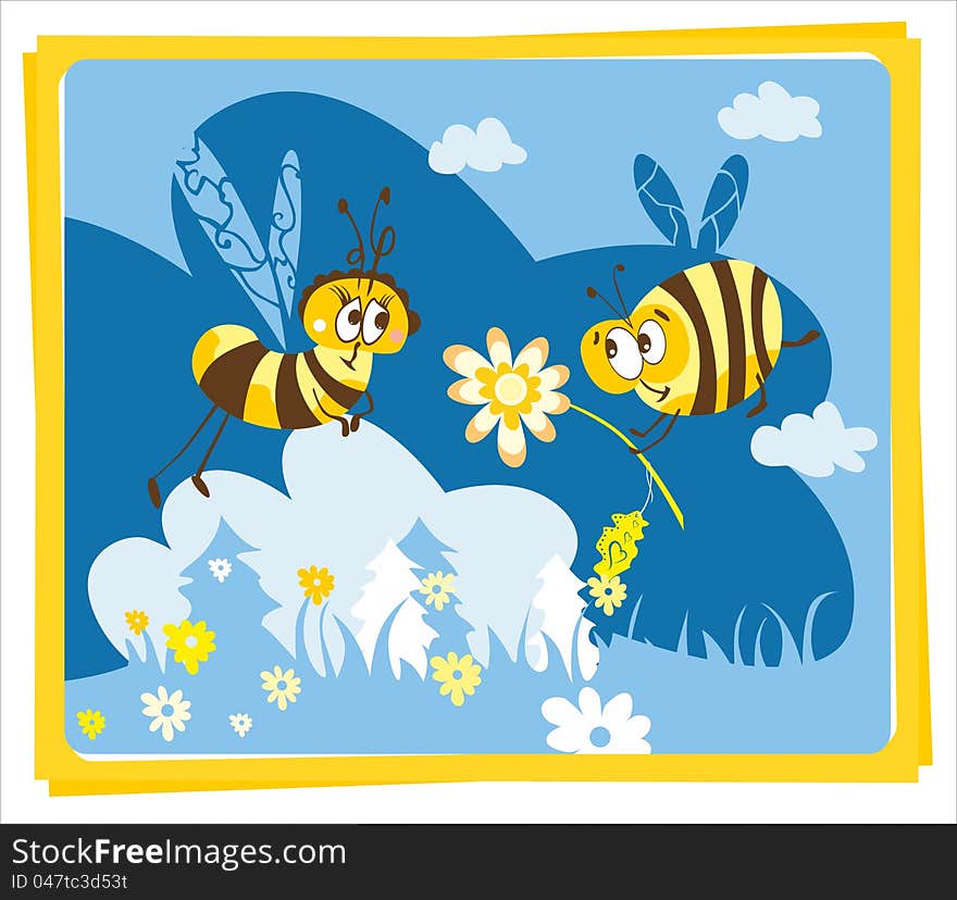 Cute postcard in retro style with funny bees. Cute postcard in retro style with funny bees