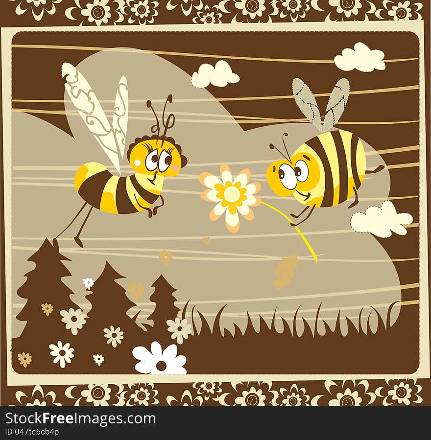 Cute postcard in retro style with funny bees. Cute postcard in retro style with funny bees