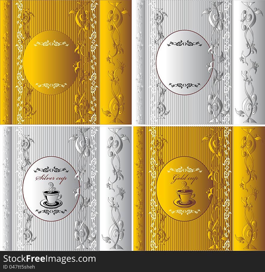 Frame with Floral ornament and cup in gold and silver colors. Frame with Floral ornament and cup in gold and silver colors