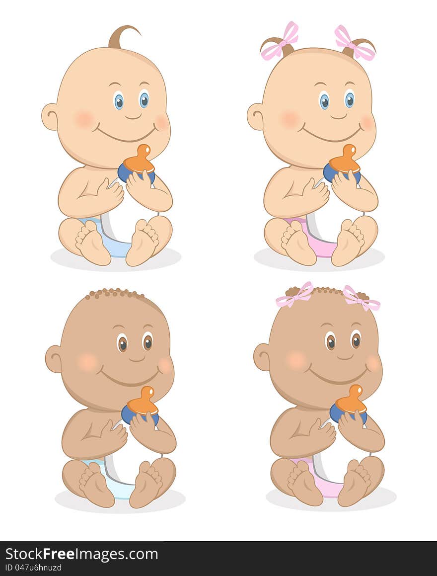 Vector illustration of funny babies boy and girl with bottle of milk. Vector illustration of funny babies boy and girl with bottle of milk