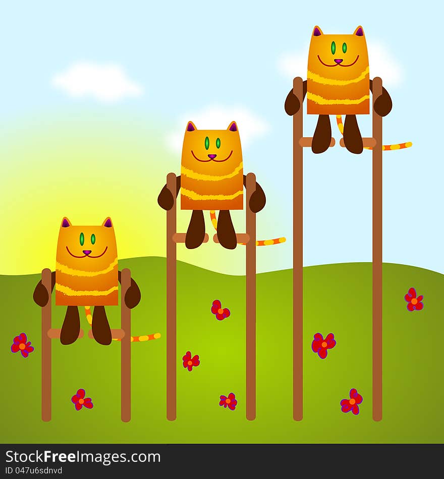 Thee cartoon cats standing on a walking stick, each one is higher than the other. Thee cartoon cats standing on a walking stick, each one is higher than the other