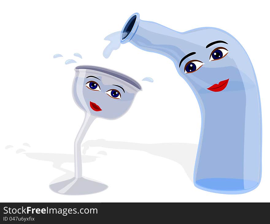 A humorous illustration of a wine bottle pouring liquid on a wine glass. A humorous illustration of a wine bottle pouring liquid on a wine glass