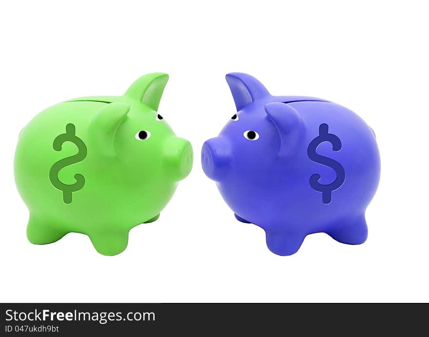 Two Piggy bank green and blue  isolated over white. Two Piggy bank green and blue  isolated over white