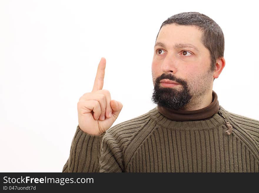 Portrait of a man pointing up against a white background