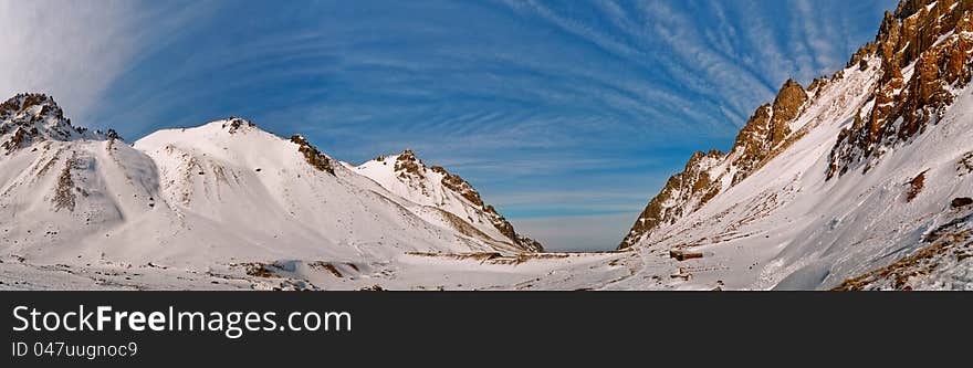 Panorama of winter mountains in Kazakhstan