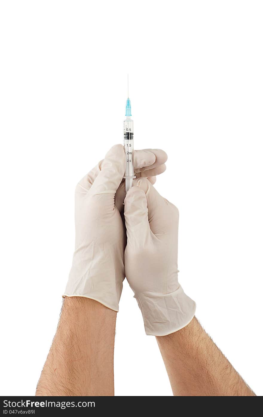 Doctor hands with gloves holding medical syringe isolated on white background