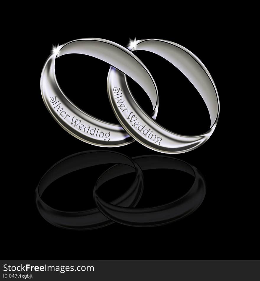 Two Silver wedding rings linked together with the words Silver Wedding around them. On a black background with reflection.