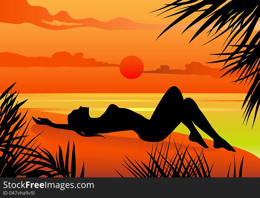 Vector illustration of a girl lying on the beach silohuette