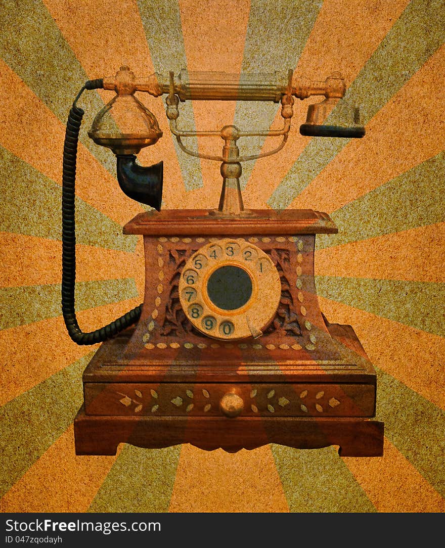 Vintage Telephone on grunge paper  with abstract sun rays